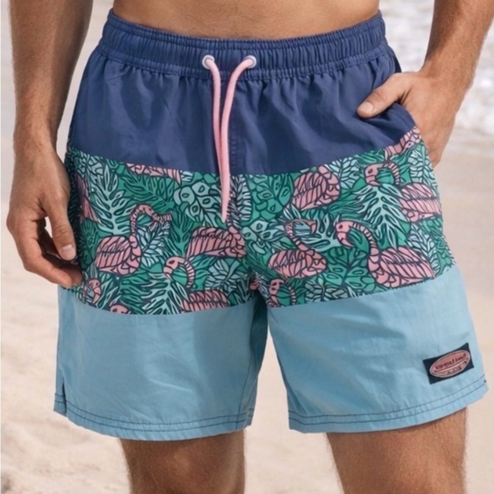 Vineyard Vines Blue, Teal & Pink Flamingo Colorblock Swim Shorts